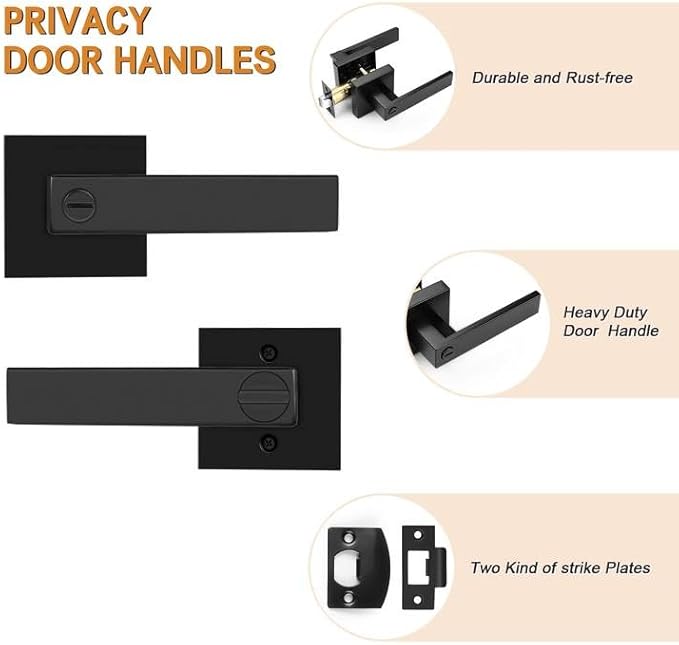 Probrico 2 Pack| Square Privacy Door Levers Matte Black Bed Bath Door Handles, Keyless Interior Door Lockset Heavy Duty Leversets for Left or Right Handed Doors