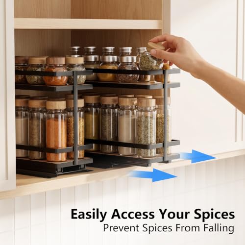 Pull Out Spice Rack 2Pcs Metal & Wood Seasoning Organizer Black - Image 5