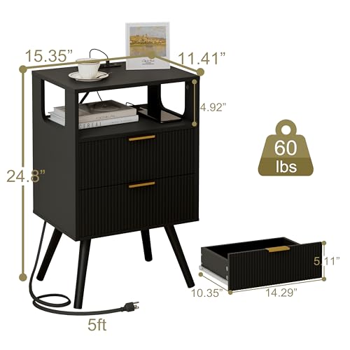 JOONEE Black Nightstand with Charging Station and LED - Image 3