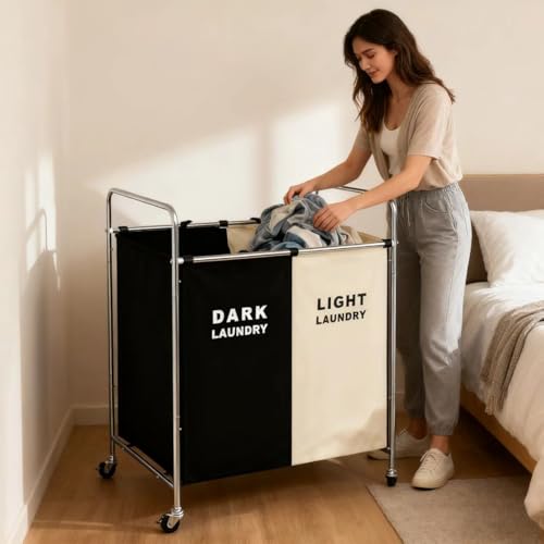 2 Section Rolling Laundry Sorter Cart, Laundry Hamper with Wheels - Image 7