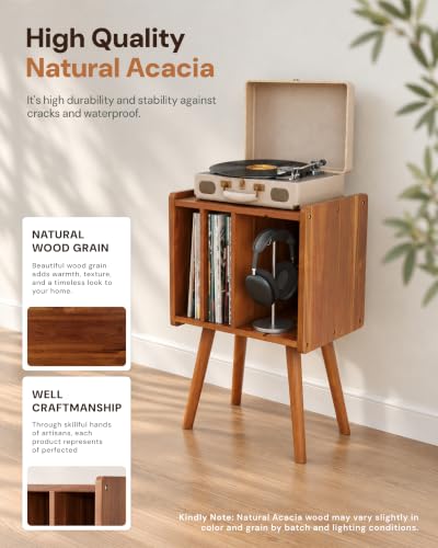 2BHOME Record Player Stand with Vinyl Record Storage, Acacia Wood - Image 6