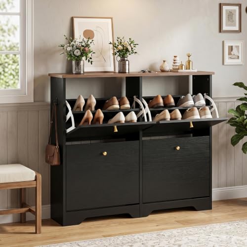 Nicetree Shoe Cabinet, 4 Flip Drawers Slim Black | Home Organization - Image 2