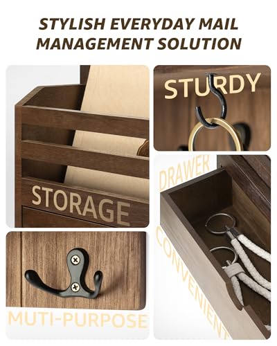 Mail Organizer Wall Mount with Hooks for Entryway, Retro Brown - Image 6