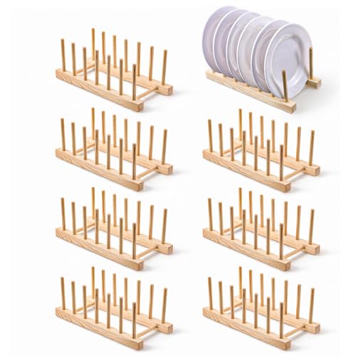8 Pcs Wooden Plate Organizer for Cabinet, Bamboo Dish Drying Rack - Image 2
