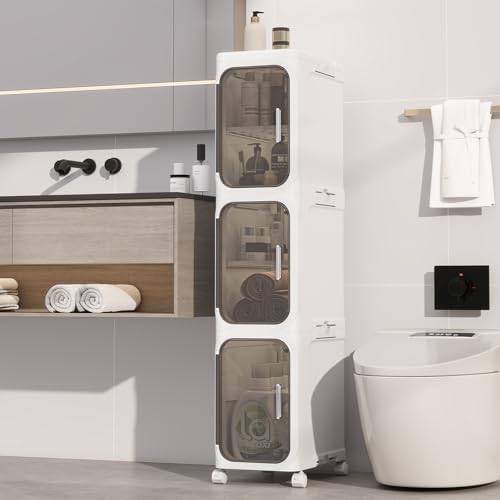 3 Tier Slim Bathroom Storage Cabinet, Foldable and Movable, White - Image 2