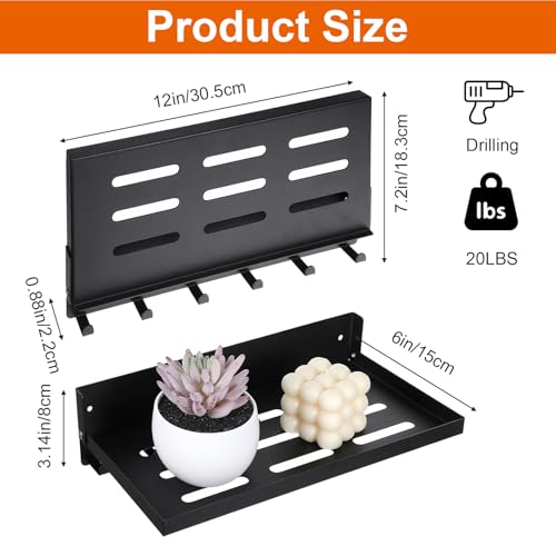 2 Pack Black Folding Wall Shelf with Hooks, Fold Down Wall - Image 3