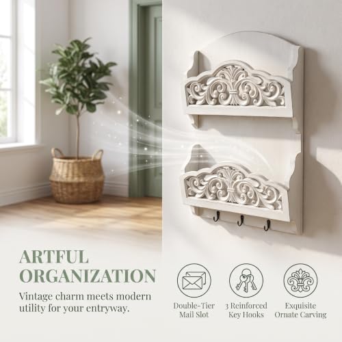 Rustic Key and Mail Holder, 2 Slot Wall Organizer with 3 - Image 8