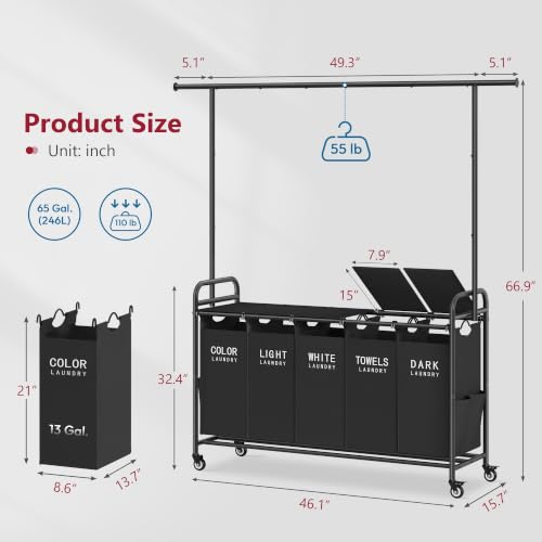 Tajsoon 5 Section Laundry Hamper with Hanging Rack | Home Organization - Image 4