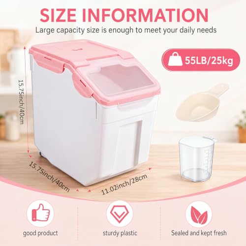 Sunnyray 4 Pcs 55 Lbs Rice Flour Storage Bins with Wheels, Pink - Image 4