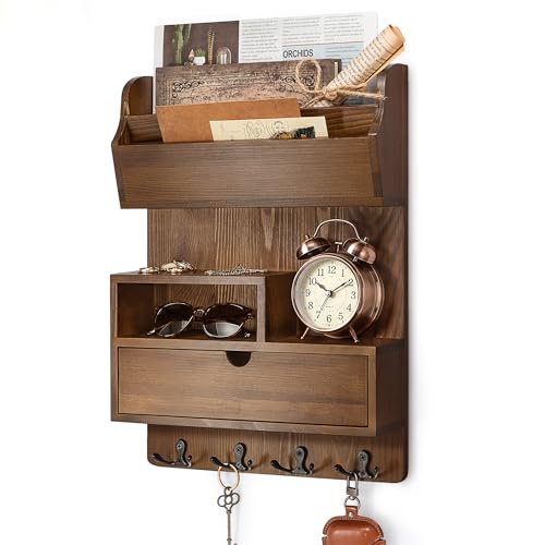 Pine Wood Key Holder Wall Mount with Drawer & 4 Hooks, Brown - Image 2