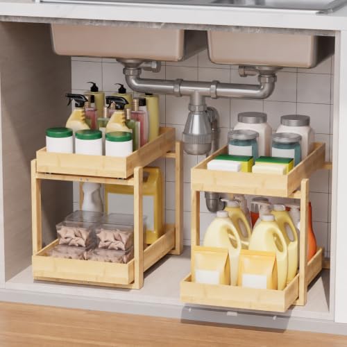 Bamboo Under Sink Organizer 2 Tier Pull Out Cabinet - Image 2