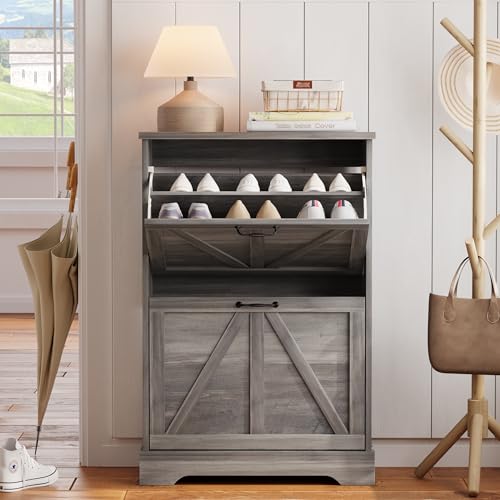Farmhouse Shoe Storage Cabinet with 2 Flip Drawers | Home Organization - Image 4