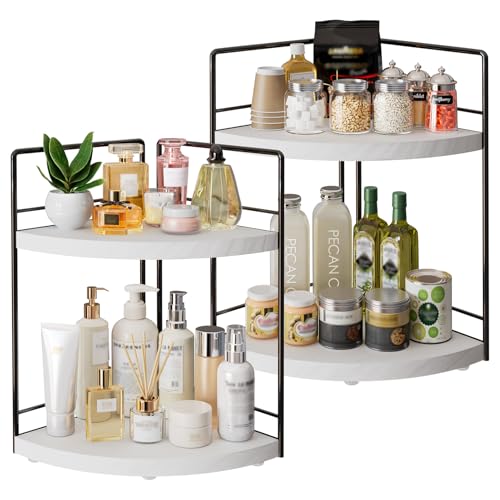 2-Tier Bathroom Corner Organizer Shelf, Wood & Metal Countertop - Image 2