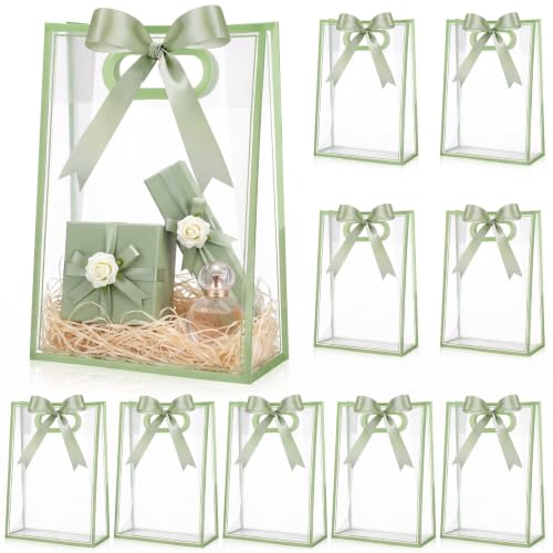 Aliceset 12 Pcs Clear Plastic Gift Bag with Handles,Sage Green - Image 2