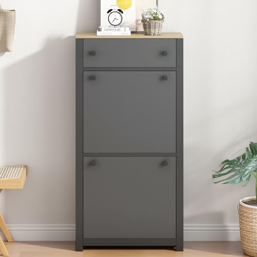 Functional Entryway Organizer with 2 Flip Drawers, Wood Grain - Image 4