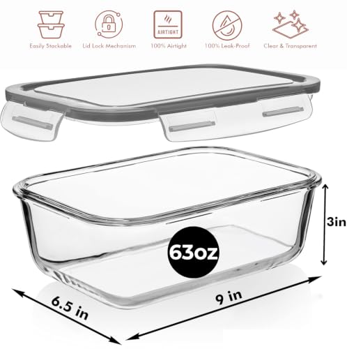 8 Cups/ 63 Oz 4 Piece (2 containers + 2 Lids) Large Glass Food - Image 3