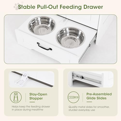 Dog Feeding Station with Storage Cabinet, White Wood Dog - Image 6