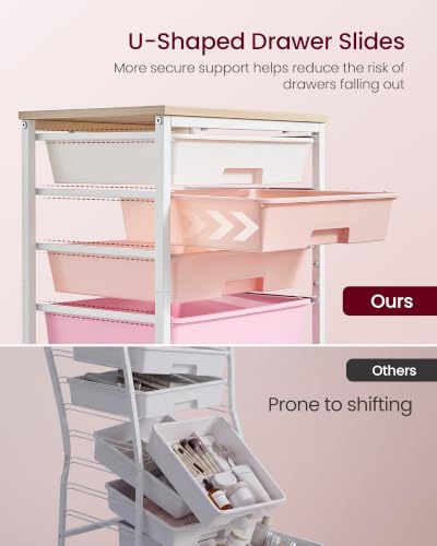 VASAGLE Rolling Cart with Drawers,5 Drawers Storage Cart, Pink - Image 5