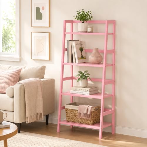 Pink Ladder Shelf, 4-Tier Bamboo Bookshelf & Bookcase Organizer - Image 3