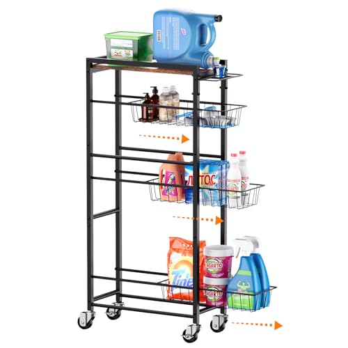 4 Tier Slim Rolling Storage Cart with Pull-Out Baskets, Narrow - Image 2