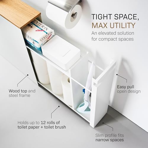 YAMAZAKI Home Pull-Out Bathroom Storage Cabinet with Wood Top - Image 7