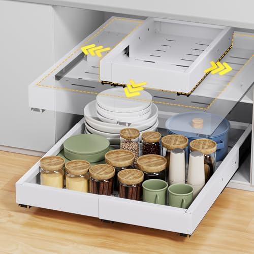 Pull Out Cabinet Organizer, Expandable Width (11.4"-18.9") Depth (16.3"-21.7") Pull out Drawers for Cabinets with 3 Rails, No Drill Adhesive Film or Nail Fixed Slide out Drawers fo