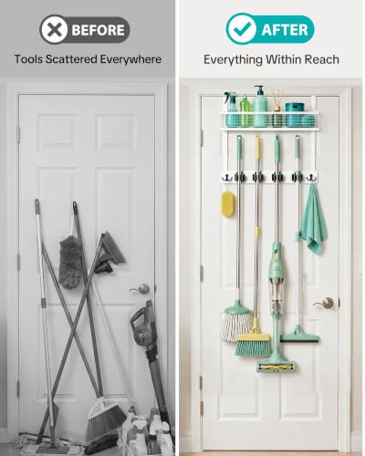 Over the Door Broom Holder with Basket, Wooden Mop & Broom - Image 5