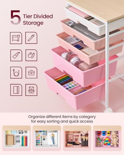 VASAGLE Rolling Cart with Drawers,5 Drawers Storage Cart, Pink - Image 7