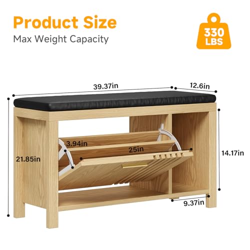 UNIQUITE 40" Shoe Storage Bench with Flip Drawers & Padded - Image 3