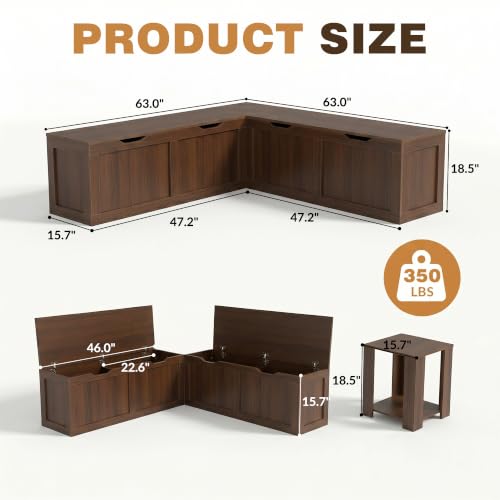 63 Inch L-Shaped Corner Bench with Hidden Storage, Breakfast Nook - Image 3