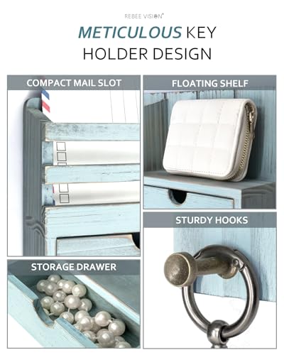 Key Holder Wall Mount with Shelf for Entryway, Distressed Blue - Image 5