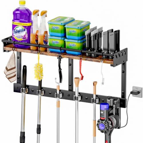 Broom Holder Wall Mount with Shelf, Black, L - Image 2
