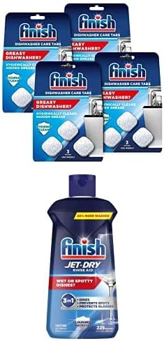Bundle of Finish In-Wash Dishwasher Cleaner: Clean Hidden Grease and Grime, 3 Count, Pack of 4 + Finish Jet-Dry Rinse Aid, Dishwasher Rinse Agent and Drying Agent, 23 fl oz, Packaging may vary