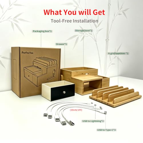 Bamboo Charging Station Organizer with Drawer and Pen Holder - Image 3