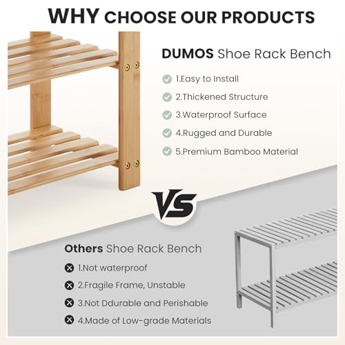 DUMOS Shoe Rack Bench with Storage, 3-Tier Bamboo Entryway - Image 6