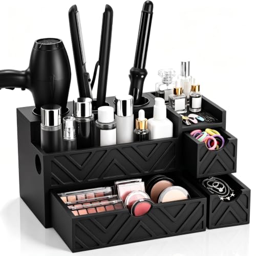 Hair Tool Organizer with 3 Drawer Wooden Blow Dryer Holder, Black - Image 2