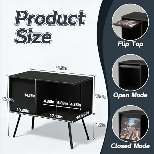 Record Player Stand with Flip-Down Record Shelf, Black - Image 4