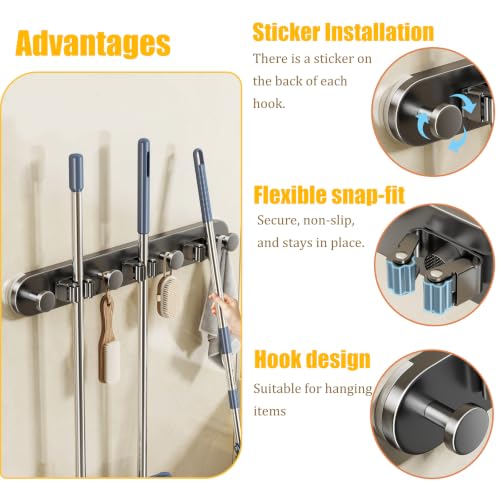 Wall Mount Mop and Broom Holder,3 Grippers 4 Hooks,Grey,No-Drill - Image 4