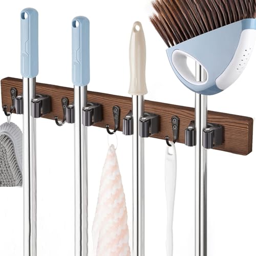 Right Pull Out Mop and Broom Holder, Rustic Wood Broom Hanger - Image 4