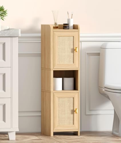 9.8''W Rattan Small Bathroom Storage Cabinet 2 Doors Oak - Image 3