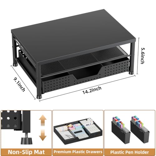 2-Tier Monitor Stand with Drawer, Metal Desk Riser, Black - Image 4