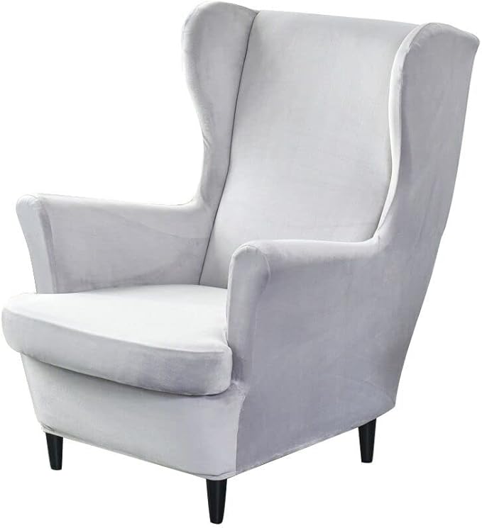 OBCREAT Wingback Chair Covers,2 Piece Stretch Velvet Wingback Chair Slipcover Soft Wing Chair Sofa Covers with Elastic Bottom,Armchair Couch Cover Furniture Protector for Living Room (Light Grey)