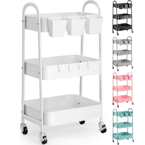 3 Tier Heavy Duty White Metal Rolling Cart with Lockable Wheels - Image 2