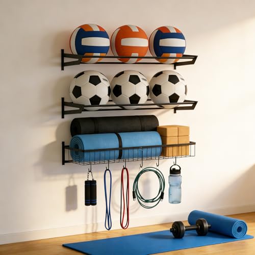 Wall Mount Ball Rack, Garage Sports Equipment Rack with 3 - Image 7