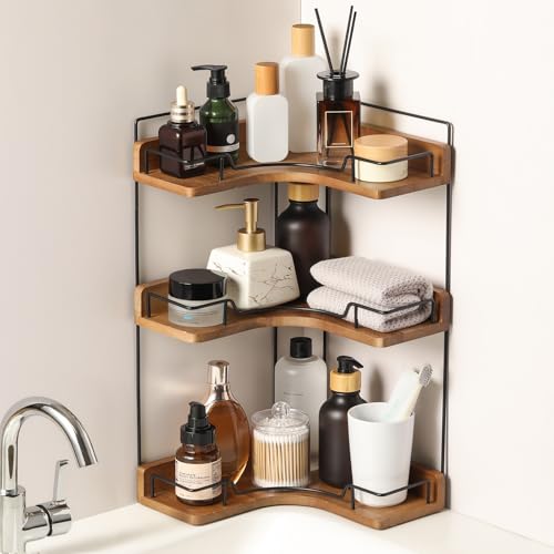 3-Tier Bathroom Counter Organizer, Wooden Corner Shelf for Vanity - Image 2