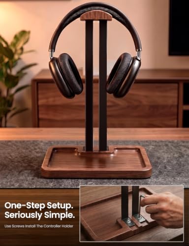 Walnut Headphone and Controller Stand, 2-in-1 Holder with Storage - Image 6