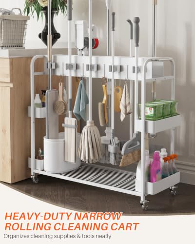 Broom and Mop Holder with Cleaning Supplies Organizer (White) - Image 4