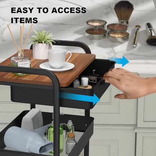 3 Tier Rolling Cart with Drawer, Metal Utility Cart with Table - Image 3