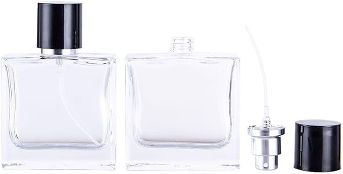 Glass Perfume Bottle Empty Refillable 8Pack Clear Travel Perfume Spray Atomizer Bottle 50ml Perfume Fine Mist Spray Perfume Bottle Atomizer Container with Sprayer Applicator (Flat Square 50ml 8PCS)