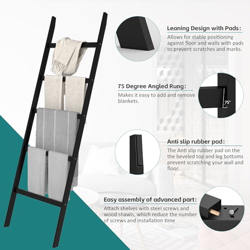 WTZ Bamboo Blanket Ladder, 5-Layer Towel Racks - Image 6